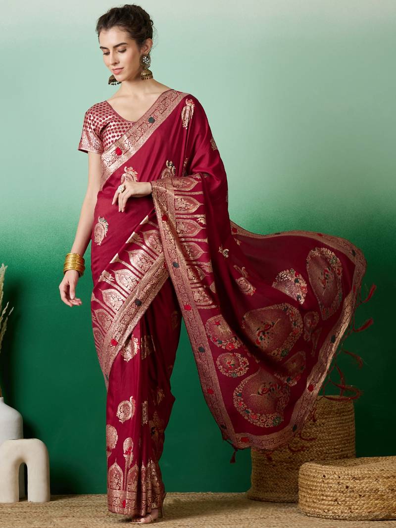 red Banarasi Dola Cotton Saree with Blouse