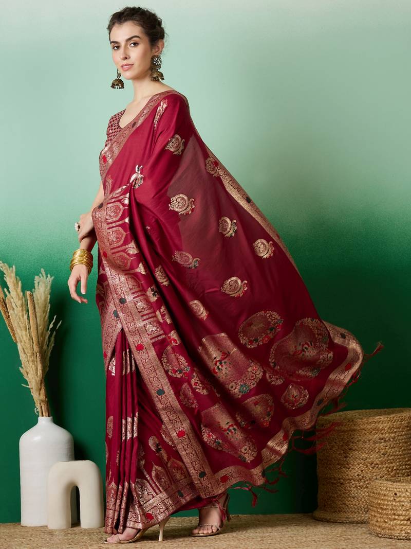 red Banarasi Dola Cotton Saree with Blouse