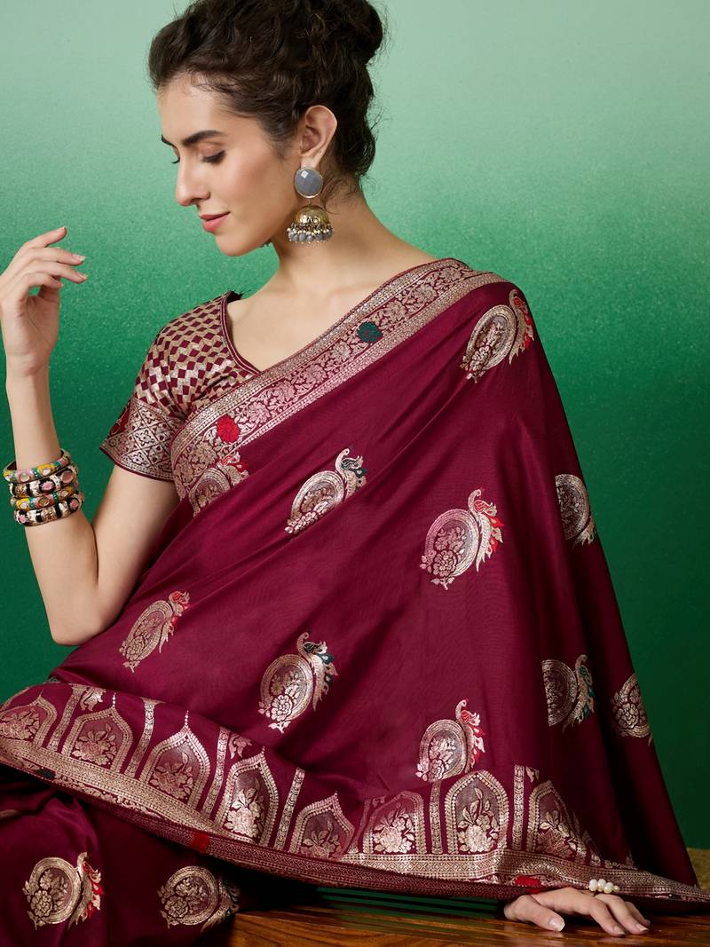 maroon Banarasi Dola Cotton Saree with Blouse