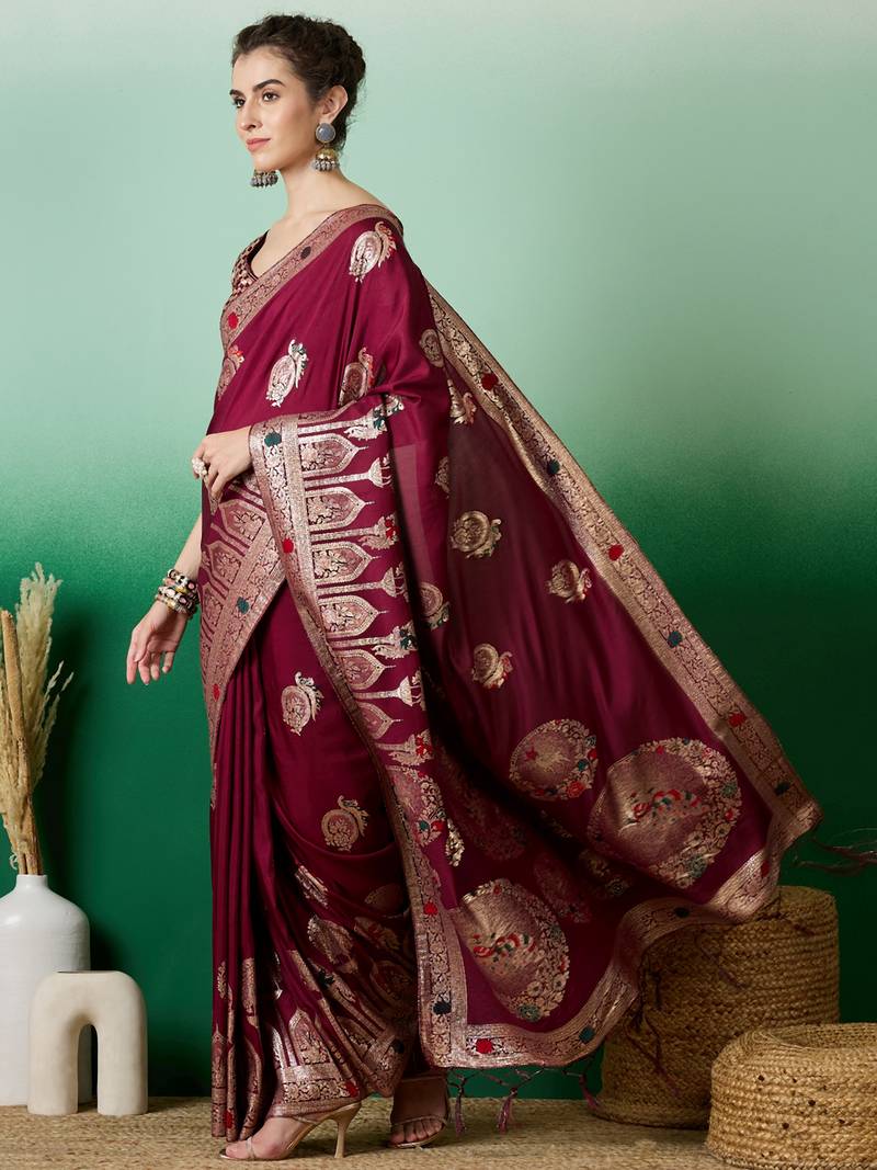 maroon Banarasi Dola Cotton Saree with Blouse