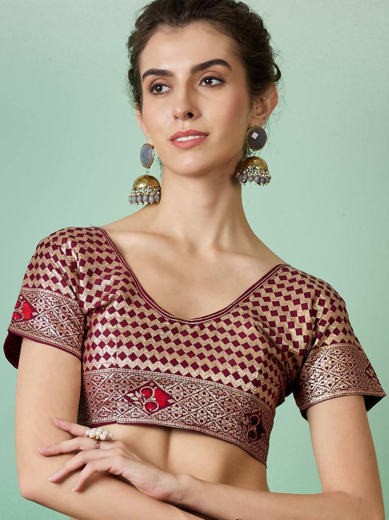 maroon Banarasi Dola Cotton Saree with Blouse