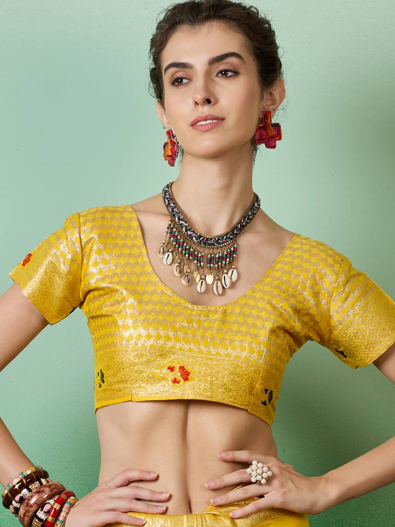 yellow Banarasi Dola Cotton Saree with Blouse