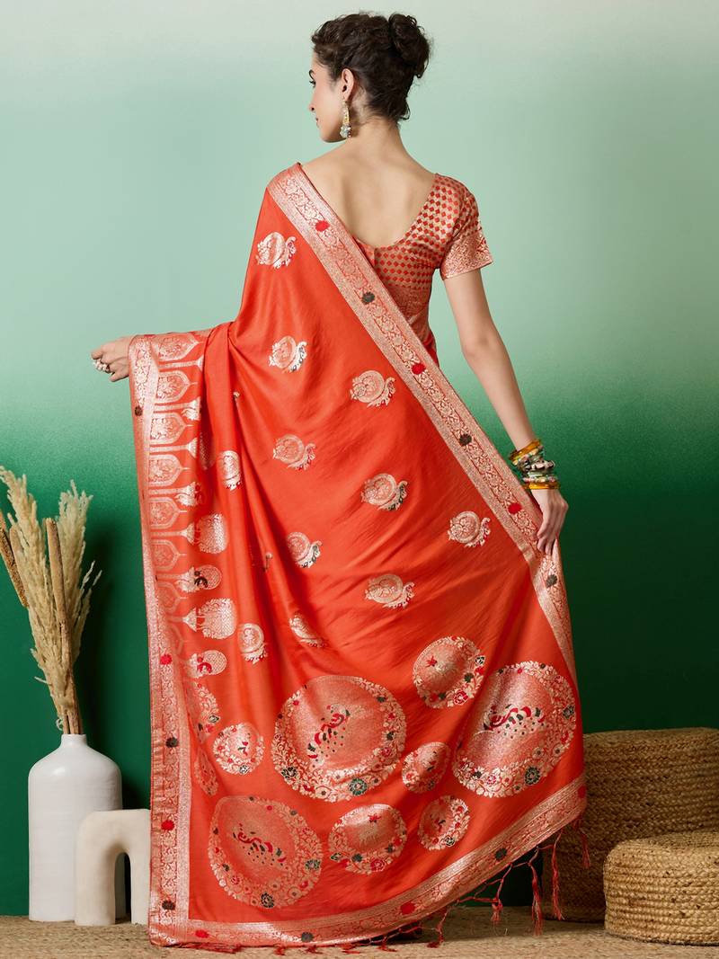 orange Banarasi Dola Cotton Saree with Blouse