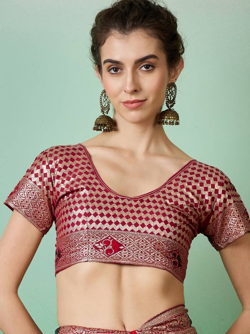 red Banarasi Dola Cotton Saree with Blouse