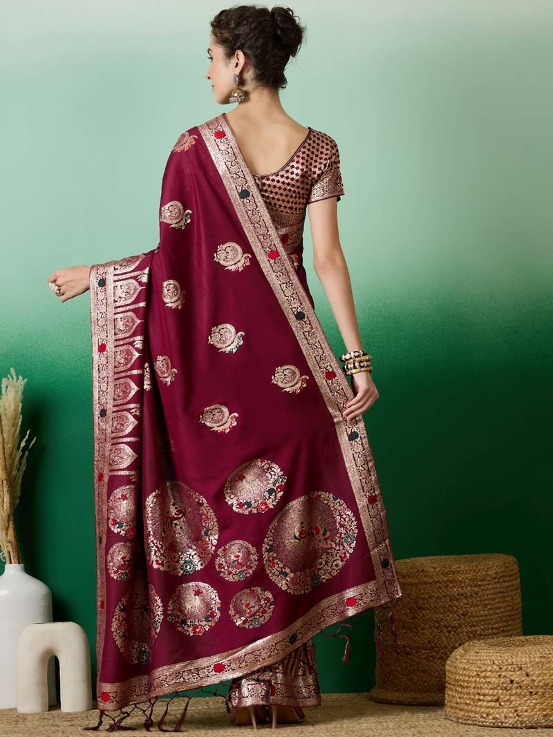maroon Banarasi Dola Cotton Saree with Blouse