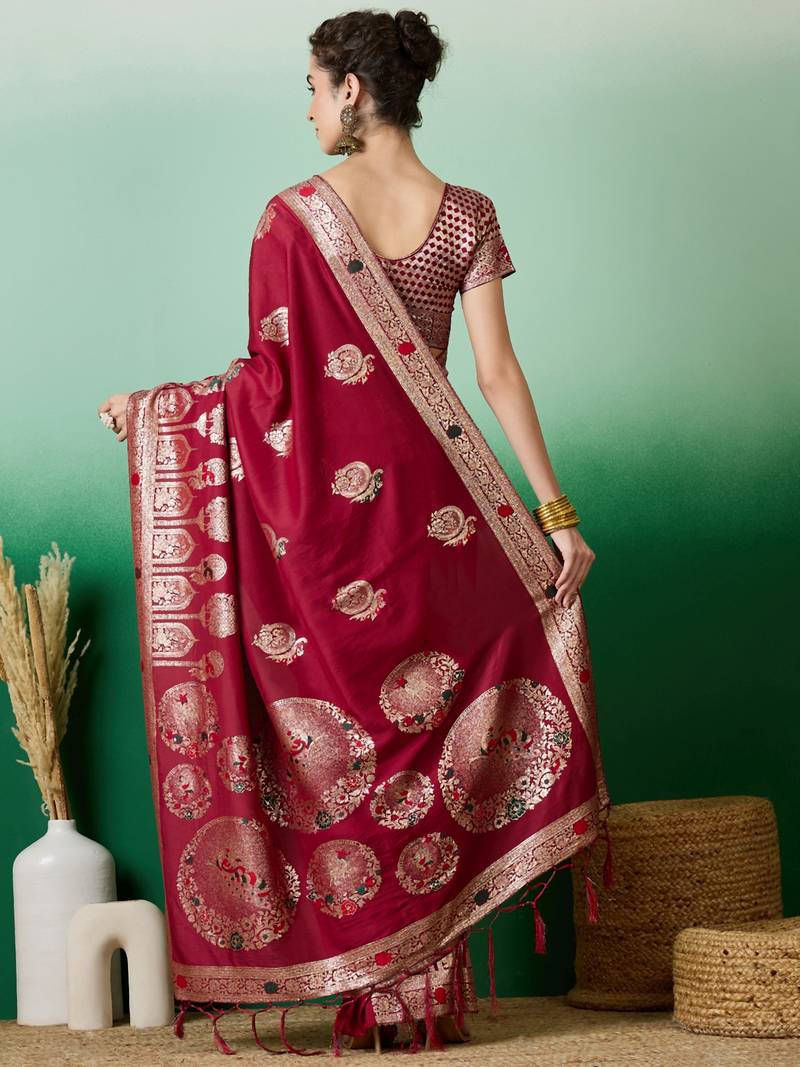 red Banarasi Dola Cotton Saree with Blouse