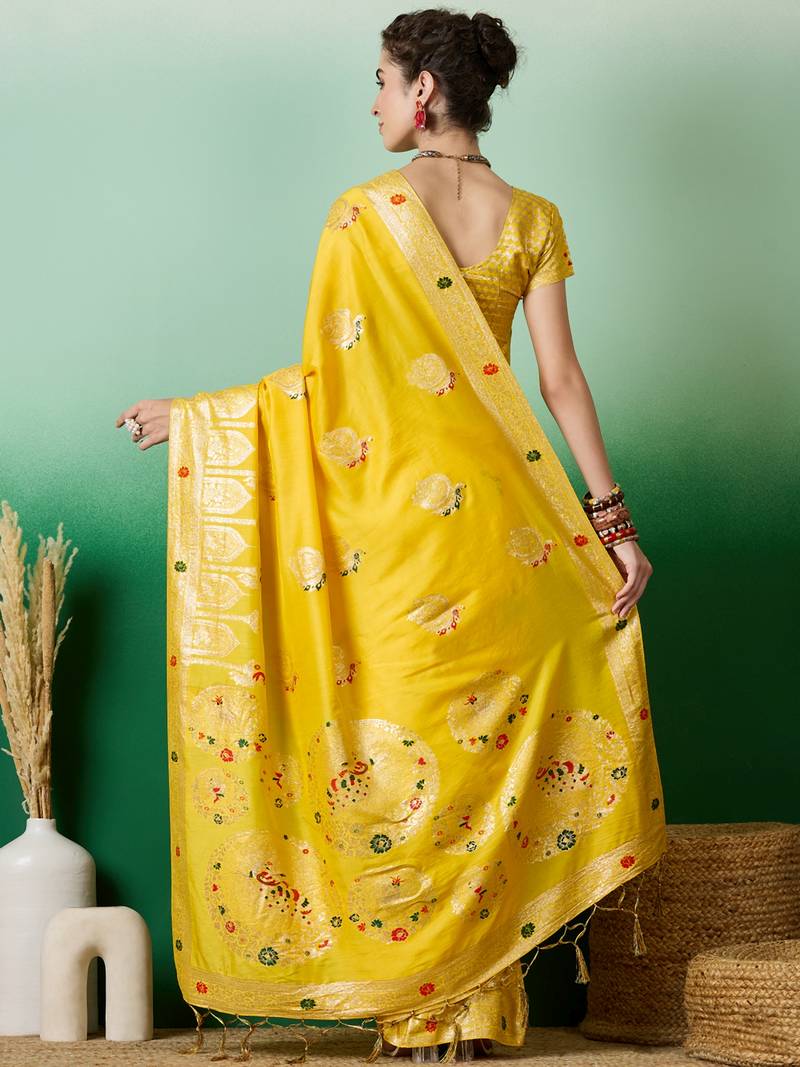 yellow Banarasi Dola Cotton Saree with Blouse