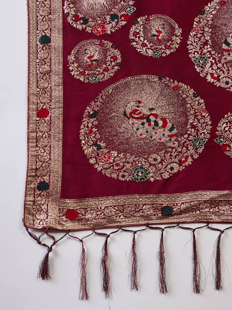 maroon Banarasi Dola Cotton Saree with Blouse