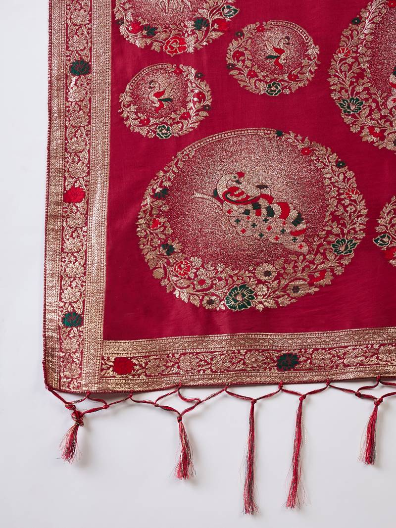 red Banarasi Dola Cotton Saree with Blouse