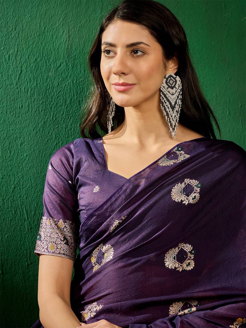 purple Banarasi Dola Cotton Saree with Blouse