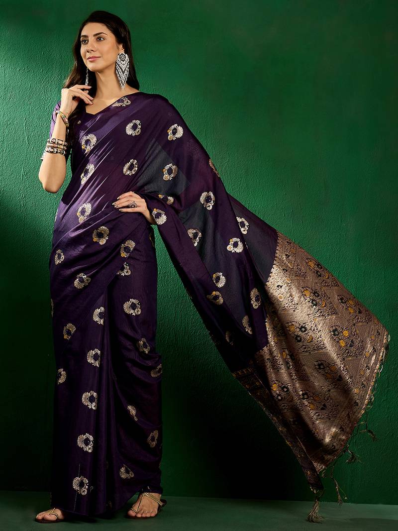 purple Banarasi Dola Cotton Saree with Blouse