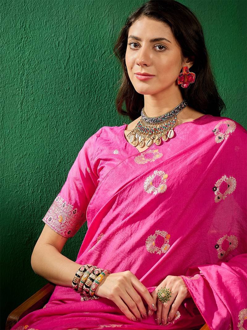 pink Banarasi Dola Cotton Saree with Blouse