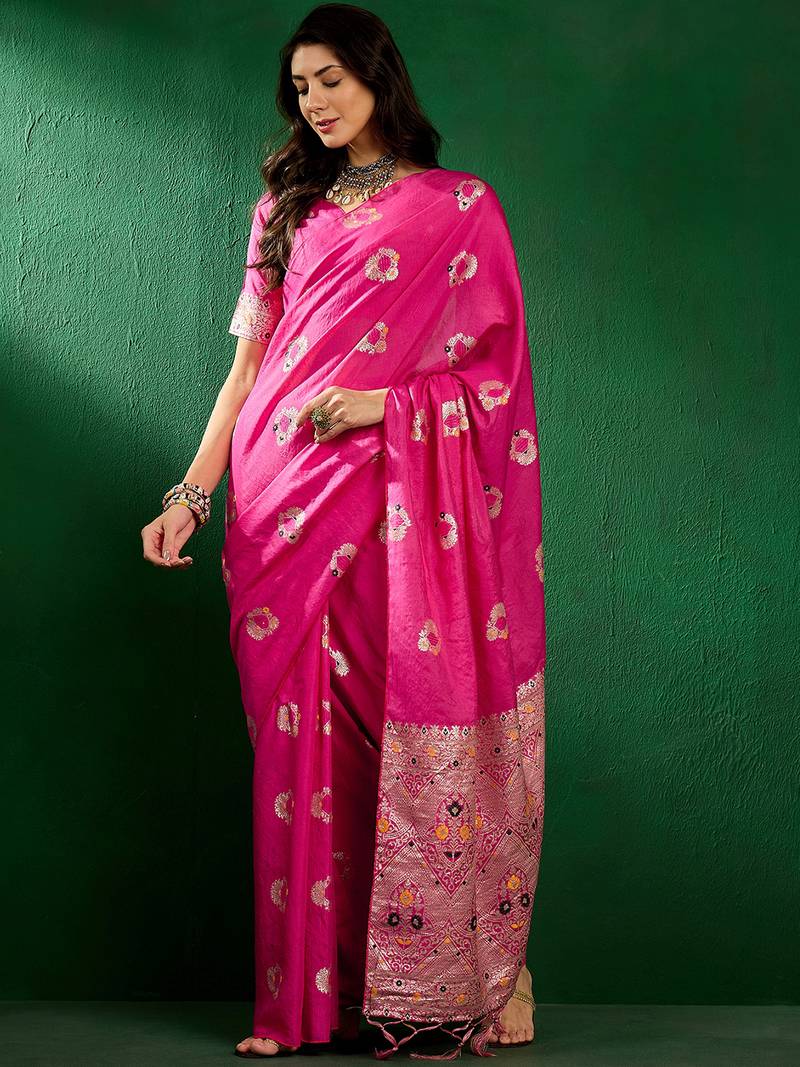 pink Banarasi Dola Cotton Saree with Blouse