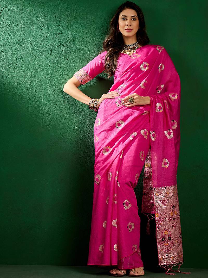 pink Banarasi Dola Cotton Saree with Blouse