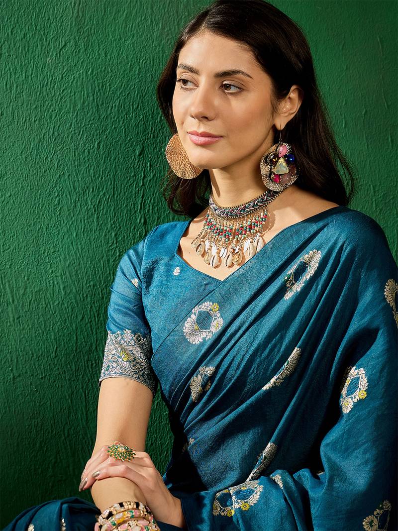 teal Banarasi Dola Cotton Saree with Blouse