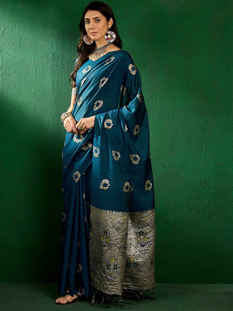 teal Banarasi Dola Cotton Saree with Blouse