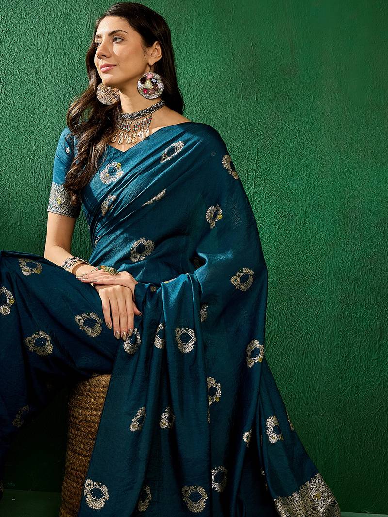 teal Banarasi Dola Cotton Saree with Blouse