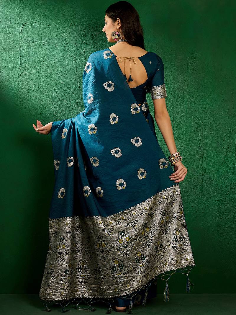 teal Banarasi Dola Cotton Saree with Blouse