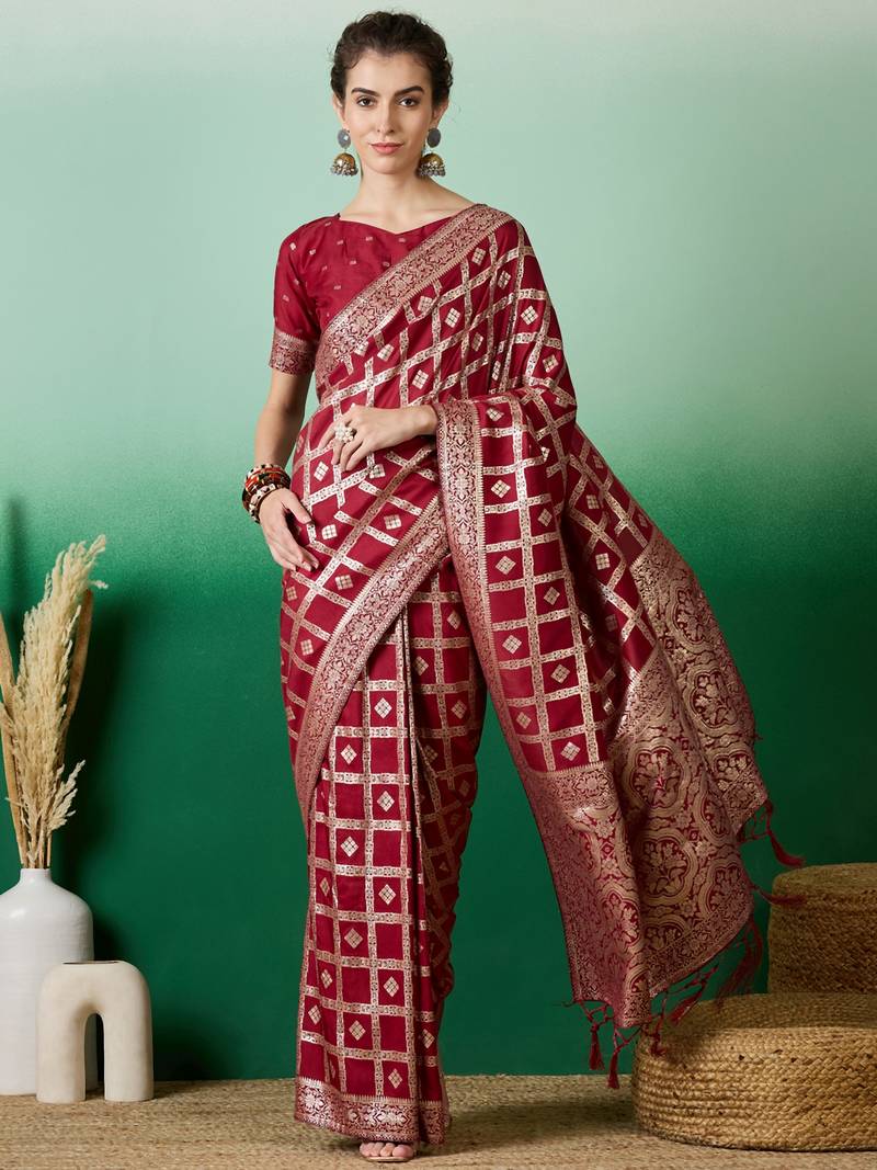 maroon Banarasi Dola Cotton Saree with Blouse