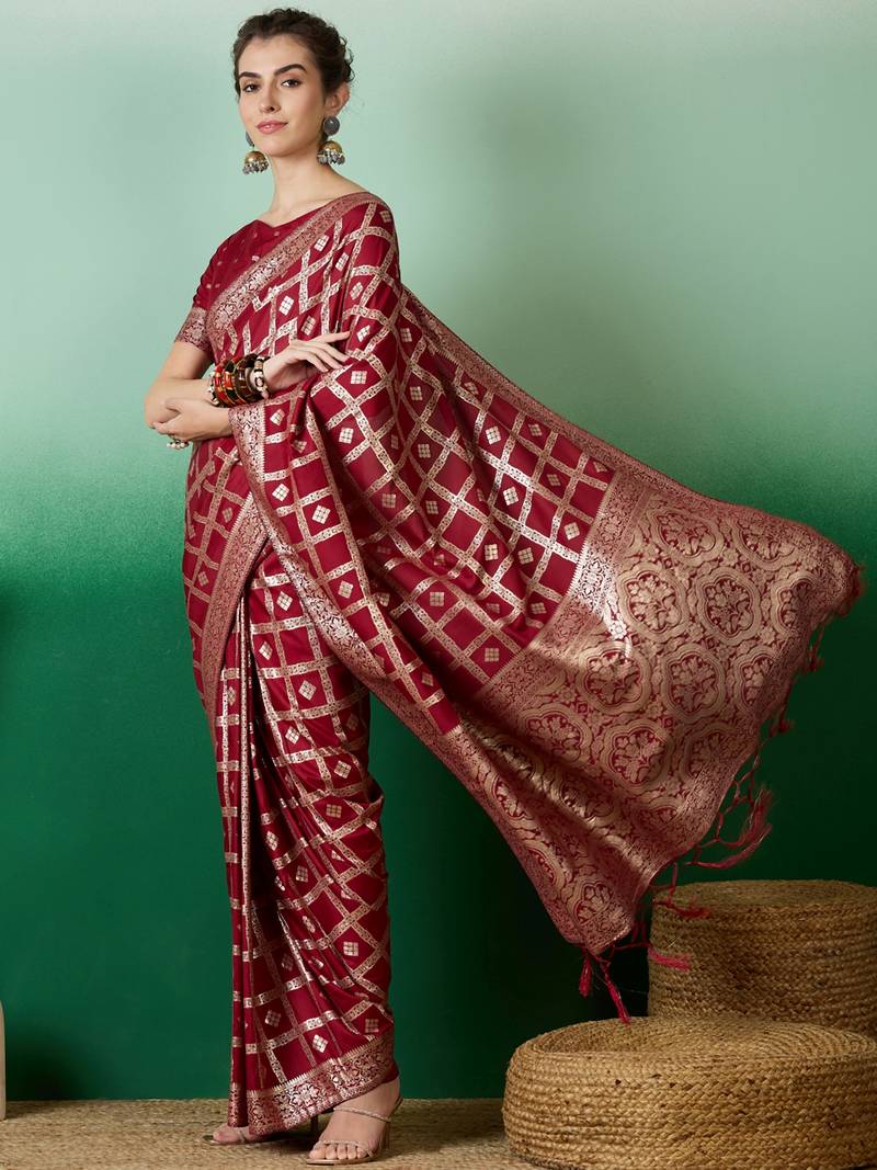 maroon Banarasi Dola Cotton Saree with Blouse