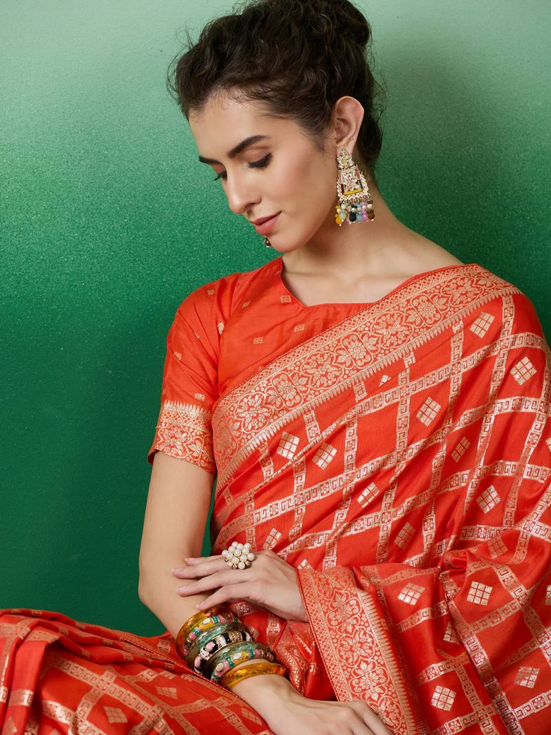 orange Banarasi Dola Cotton Saree with Blouse