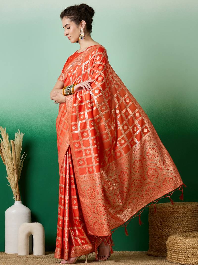orange Banarasi Dola Cotton Saree with Blouse