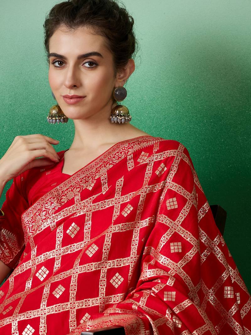 red Banarasi Dola Cotton Saree with Blouse