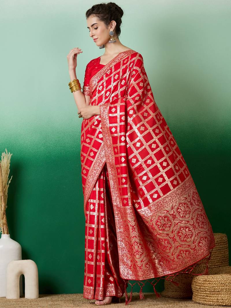 red Banarasi Dola Cotton Saree with Blouse