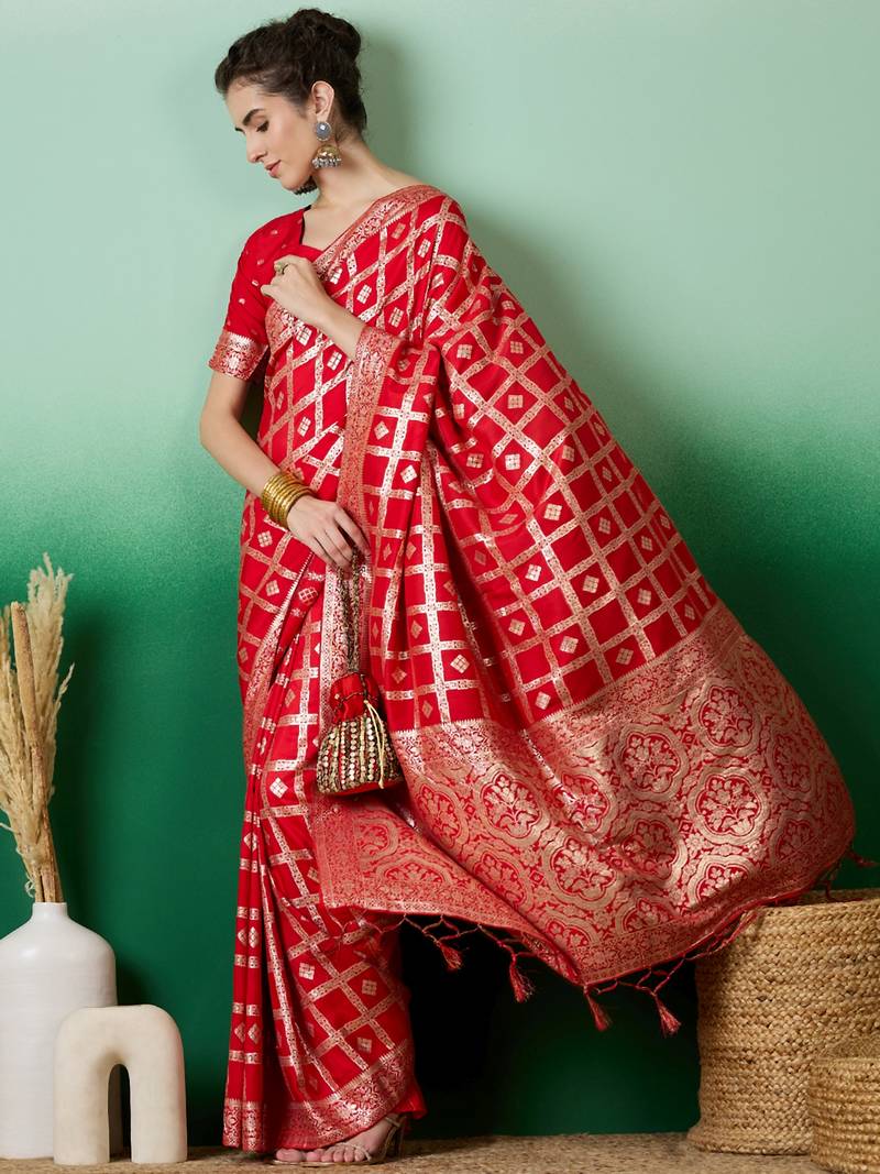 red Banarasi Dola Cotton Saree with Blouse