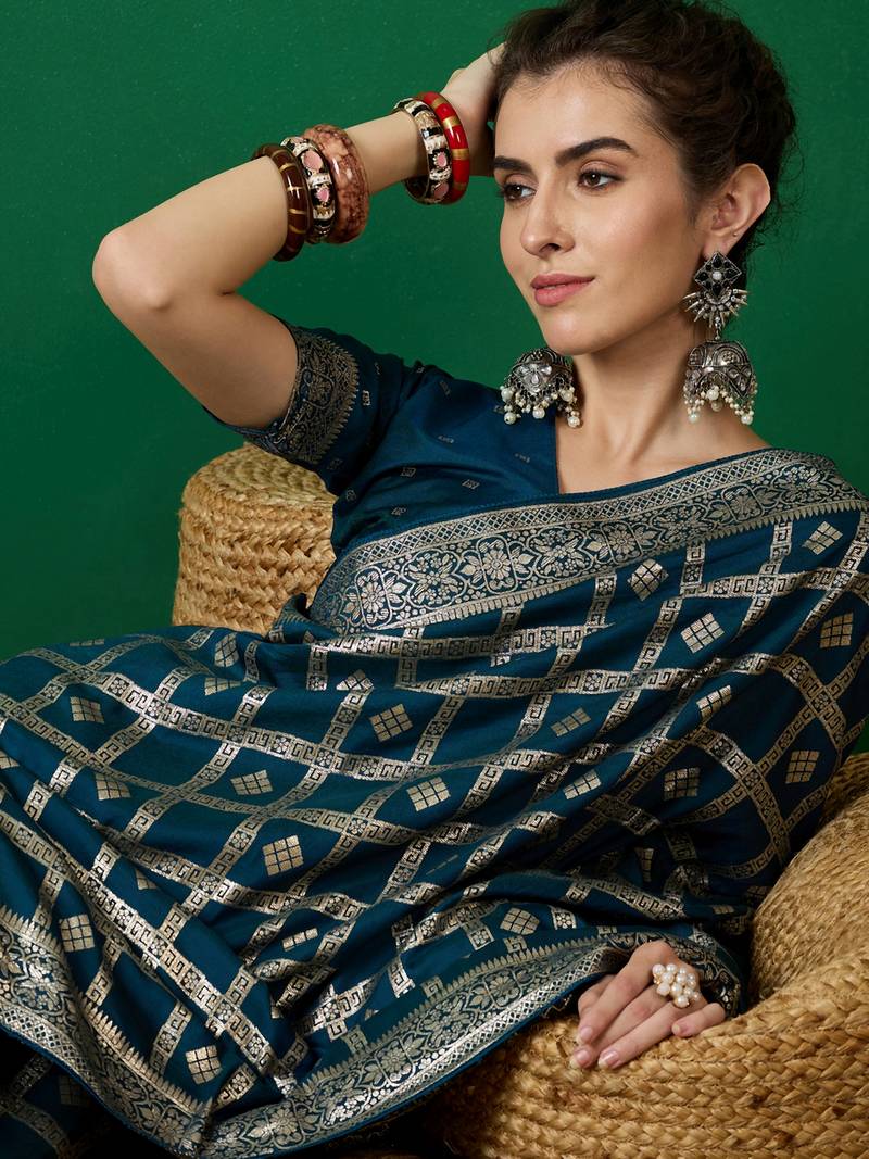 teal Banarasi Dola Cotton Saree with Blouse