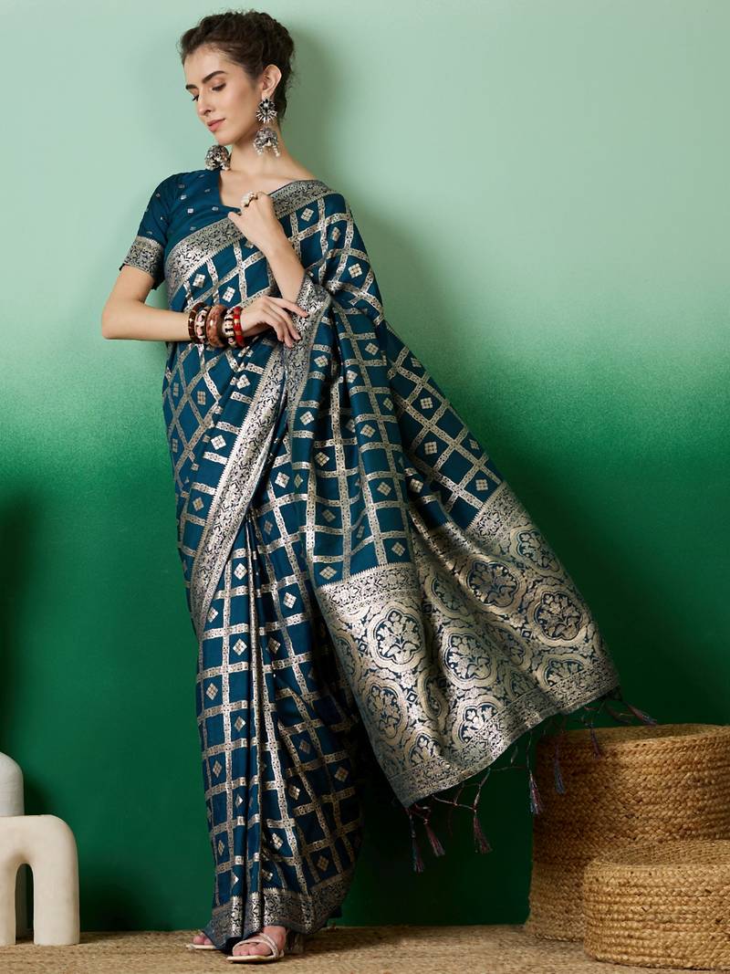 teal Banarasi Dola Cotton Saree with Blouse