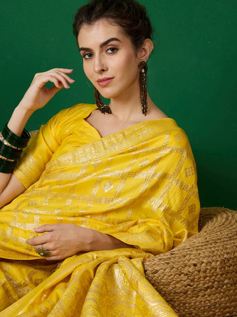 yellow Banarasi Dola Cotton Saree with Blouse