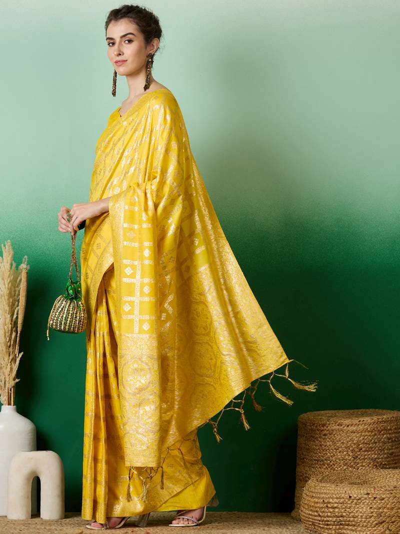 yellow Banarasi Dola Cotton Saree with Blouse