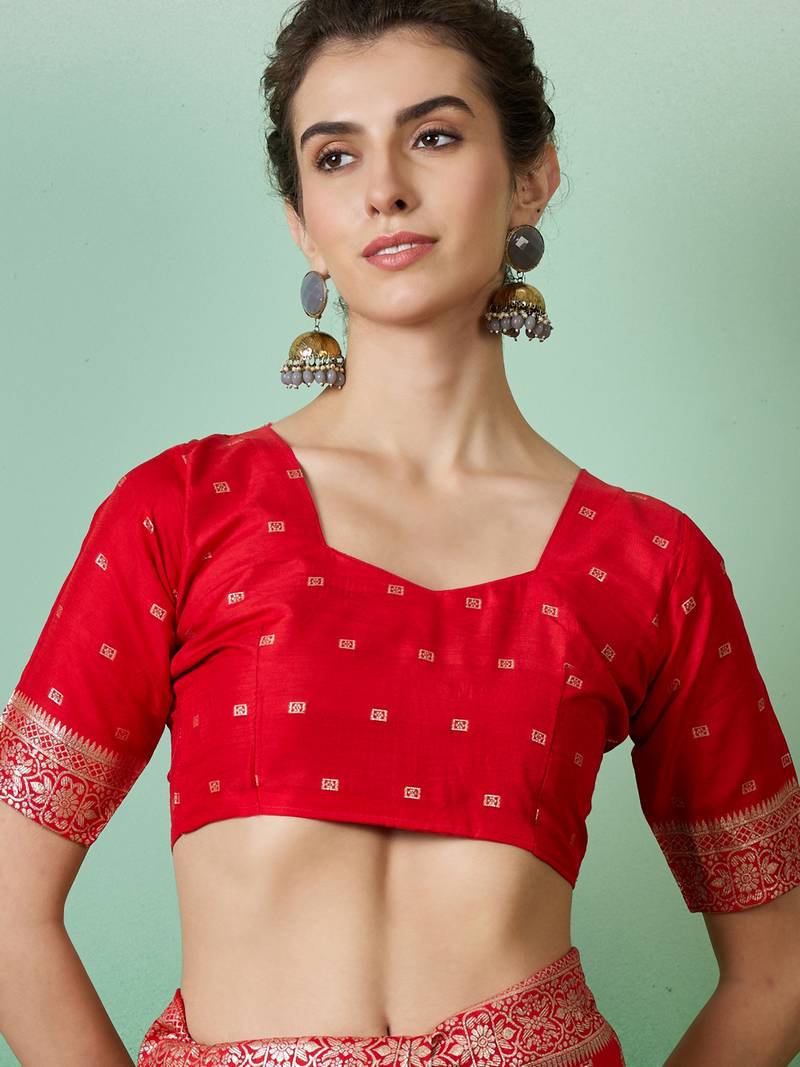 red Banarasi Dola Cotton Saree with Blouse