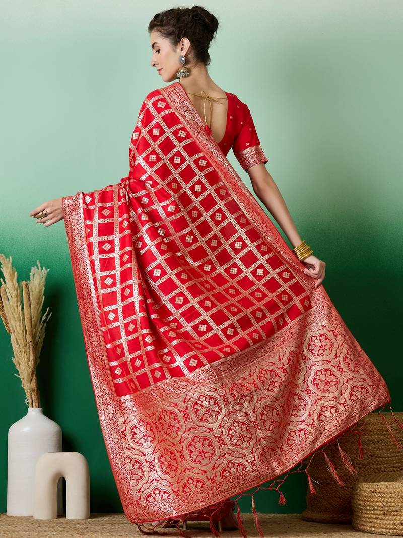 red Banarasi Dola Cotton Saree with Blouse