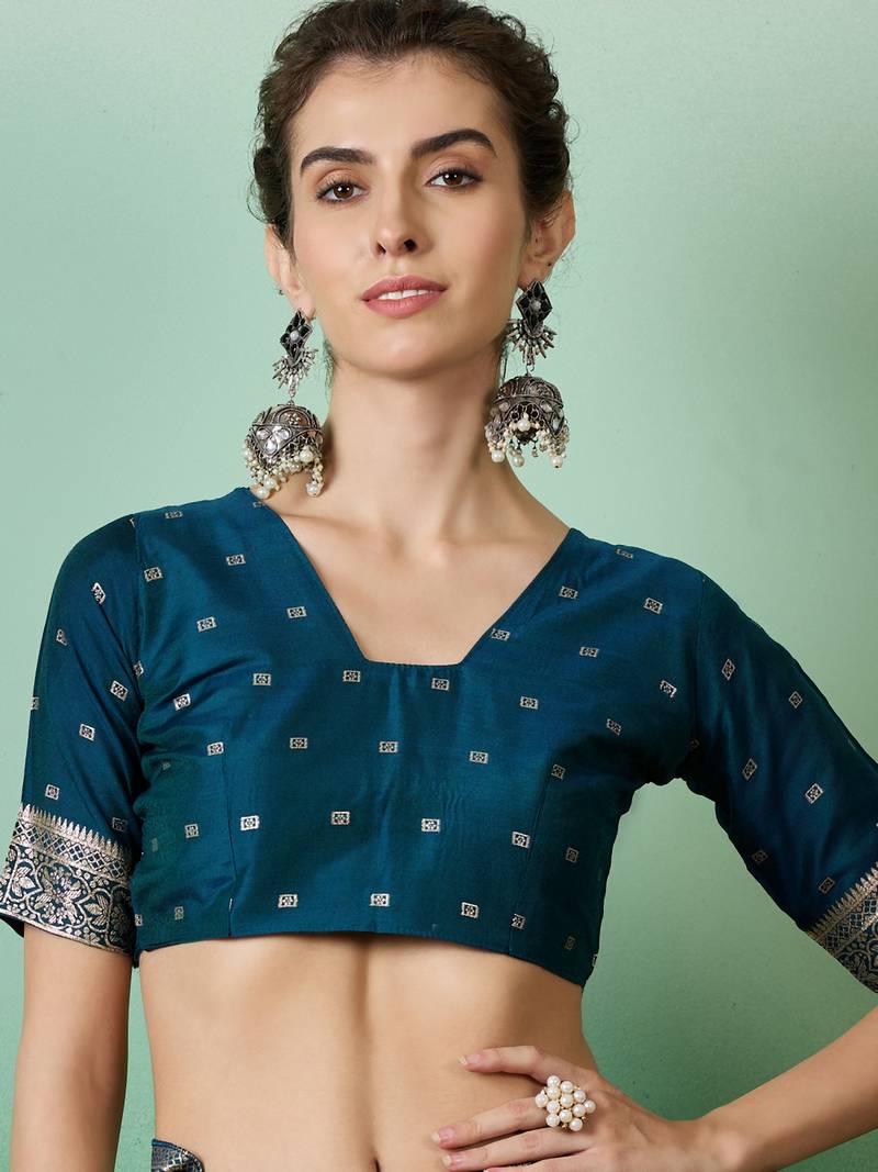teal Banarasi Dola Cotton Saree with Blouse