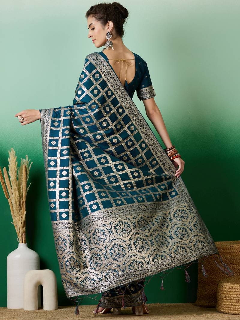 teal Banarasi Dola Cotton Saree with Blouse