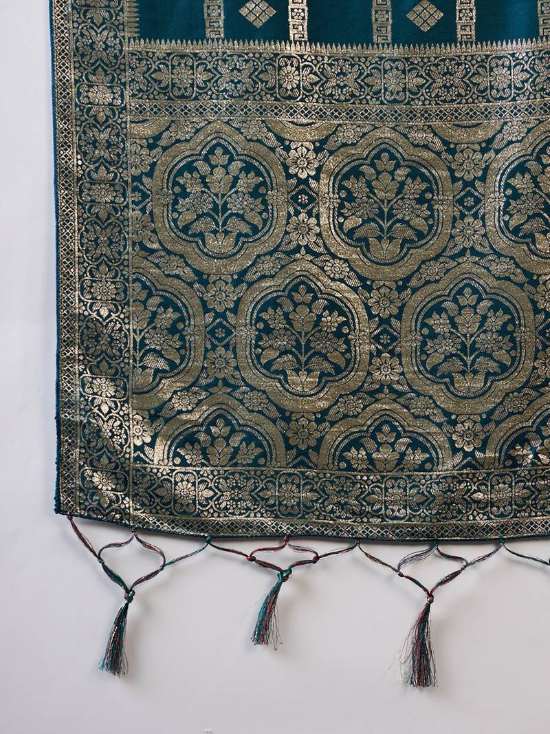 teal Banarasi Dola Cotton Saree with Blouse