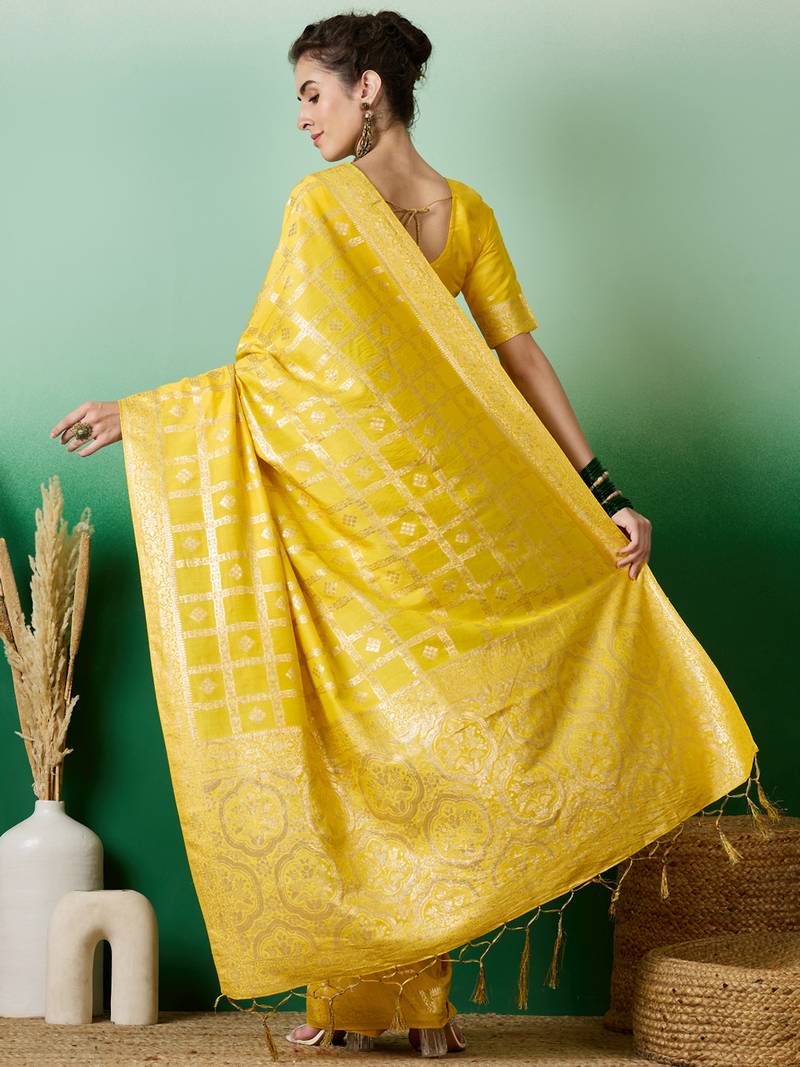 yellow Banarasi Dola Cotton Saree with Blouse