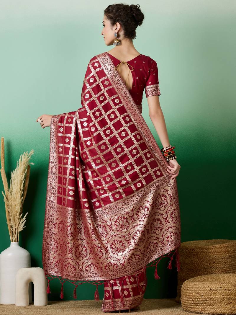 maroon Banarasi Dola Cotton Saree with Blouse