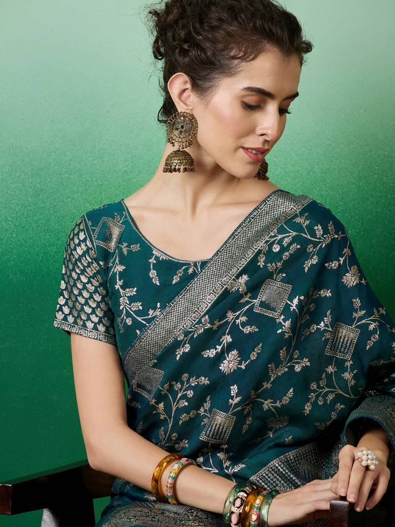 teal Banarasi Dola Cotton Saree with Blouse