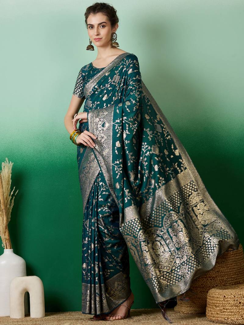 teal Banarasi Dola Cotton Saree with Blouse