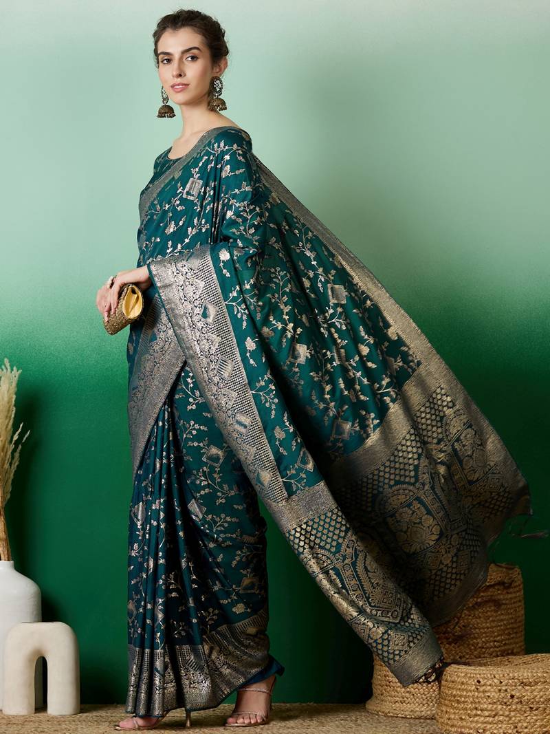 teal Banarasi Dola Cotton Saree with Blouse