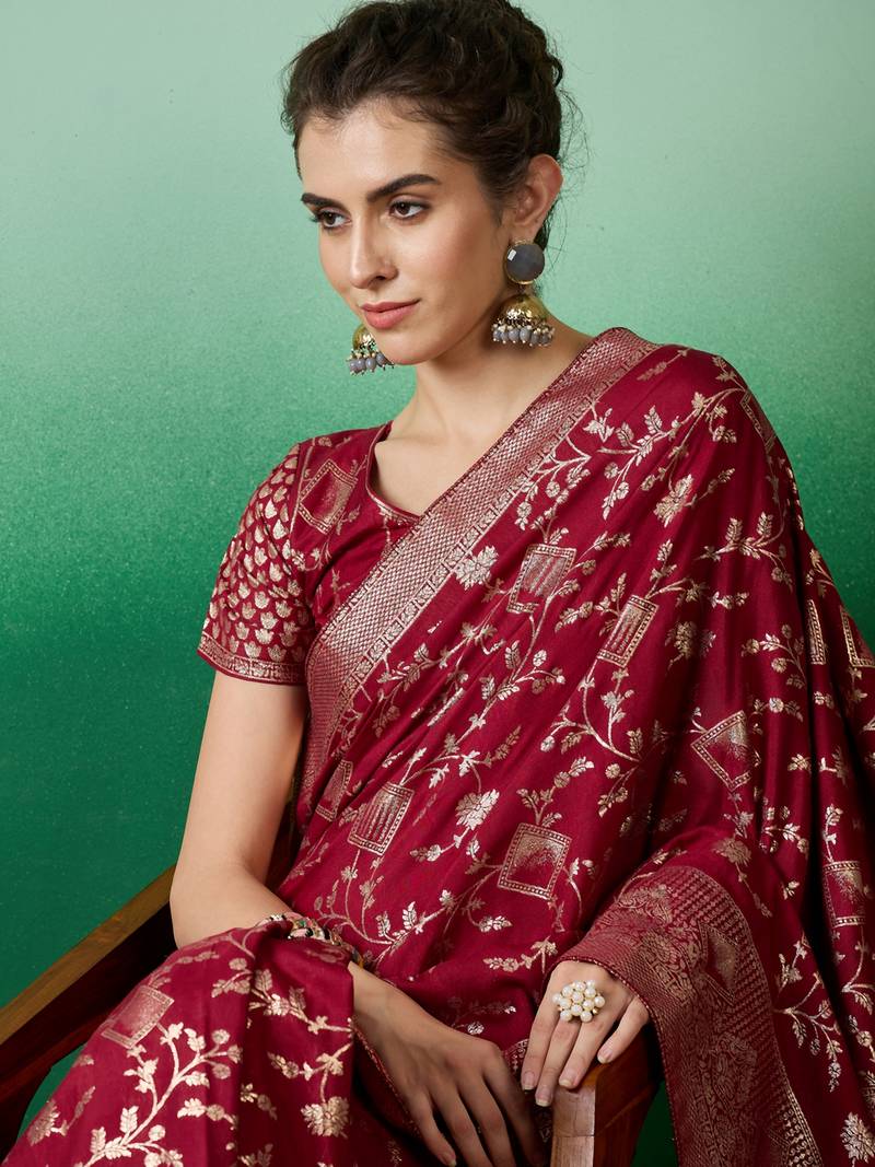 maroon Banarasi Dola Cotton Saree with Blouse