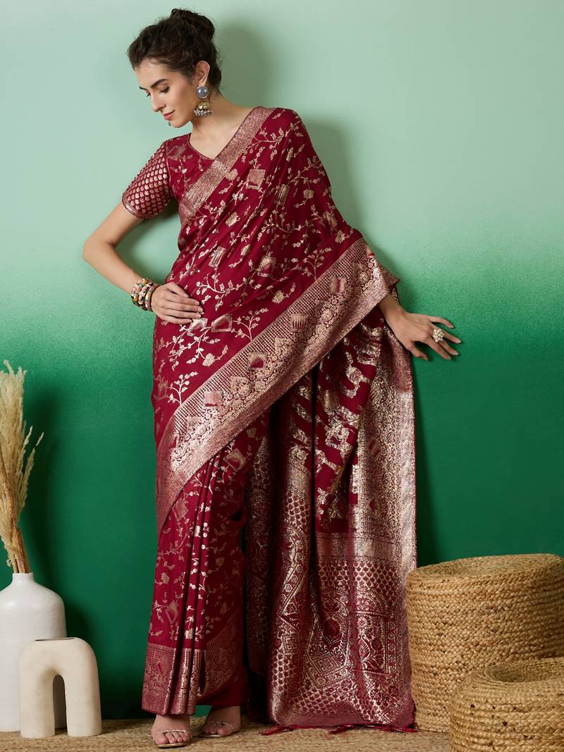 maroon Banarasi Dola Cotton Saree with Blouse