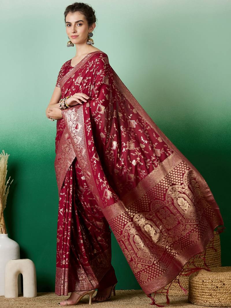 maroon Banarasi Dola Cotton Saree with Blouse