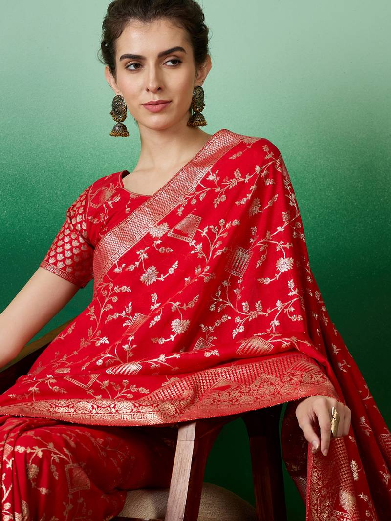red Banarasi Dola Cotton Saree with Blouse