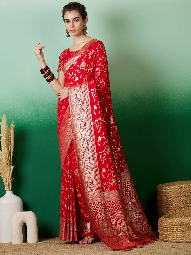 red Banarasi Dola Cotton Saree with Blouse