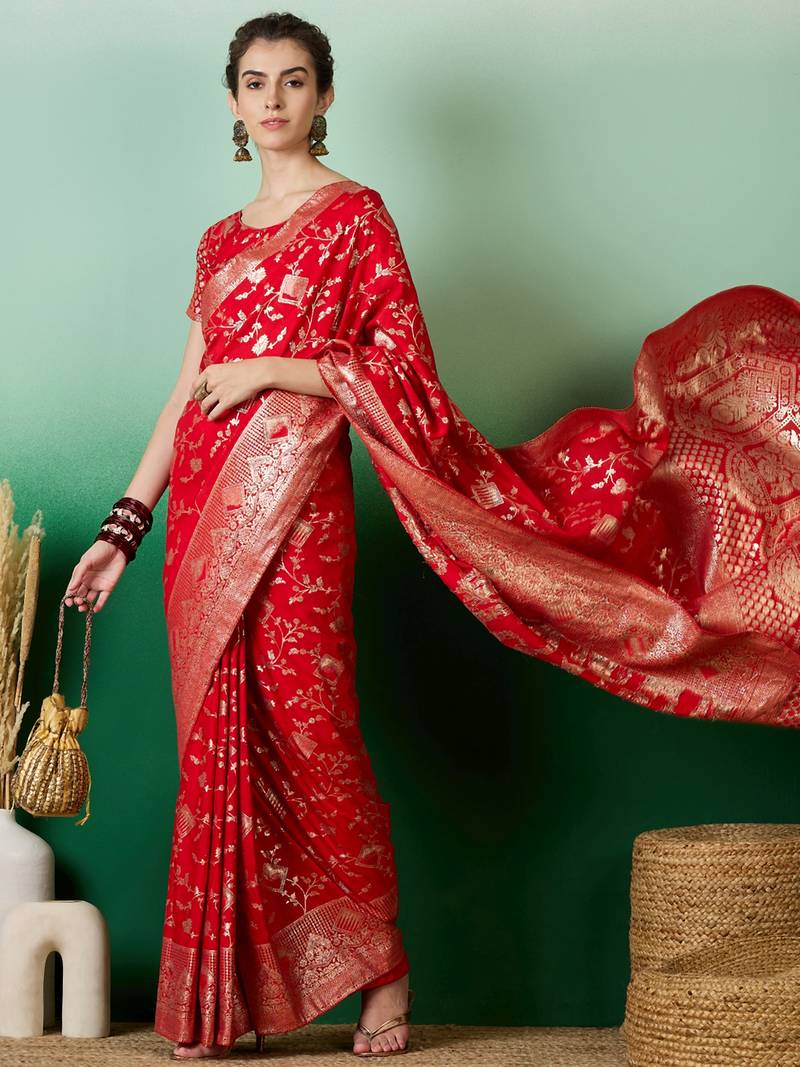 red Banarasi Dola Cotton Saree with Blouse