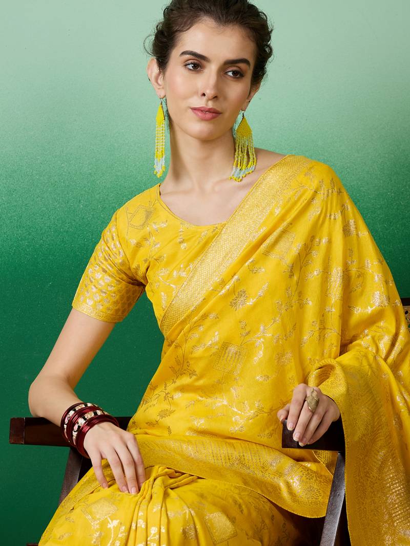 yellow Banarasi Dola Cotton Saree with Blouse